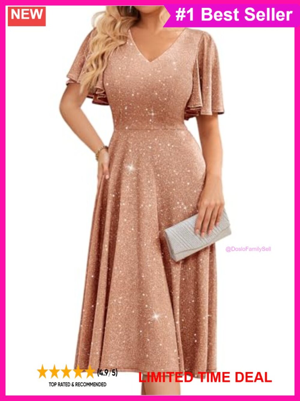Sequin A-Line Tea Dress Short Sleeve V-Neck Formal Wedding Guest